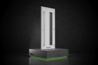 Product CGI - A white vertical Linear door on a dark grey pedestal with a subtle green light at the base, set against a dark background.